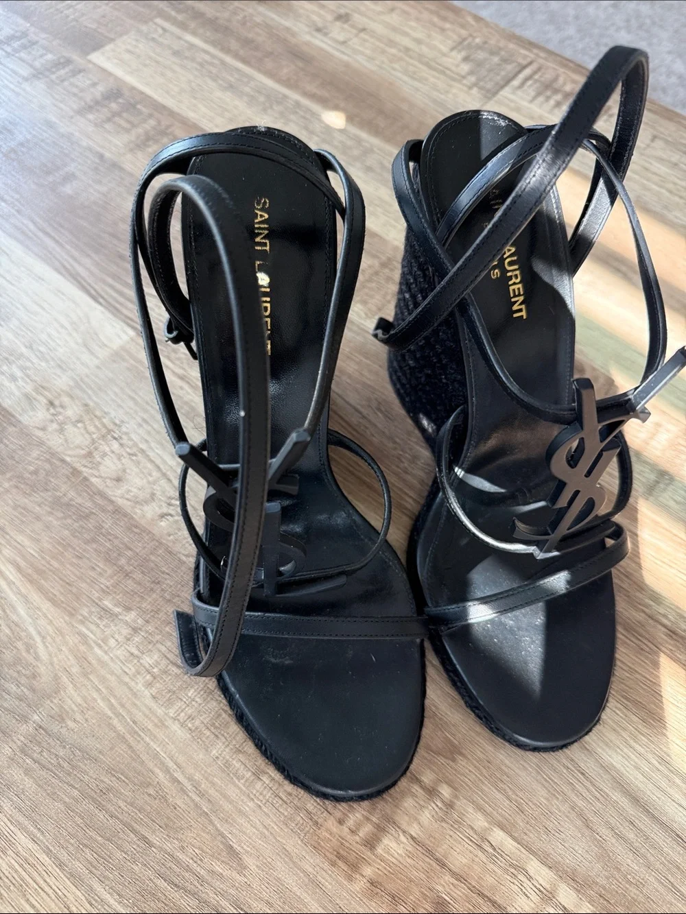 Saint Laurent Black Strappy Logo Wedge Sandals